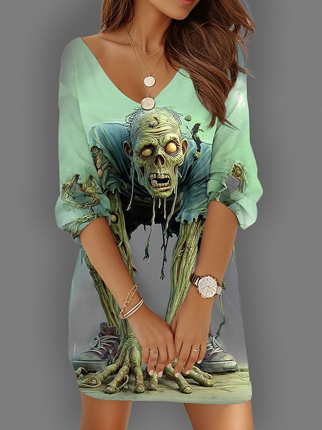  Halloween Női Koponya Nyomtatás Mini Ruha Shift Ruha Vakáció Kényelmes Napi Ünnep Koktél Party Laza Fit Grafika Koponya Hosszú Ujjú V Nyak Sárga Kék Lila Zöld Nyár Tavasz Ősz Ősz