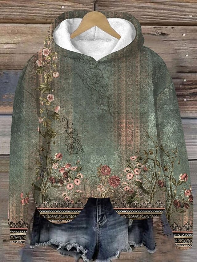 Women's Pullover Hoodie Sweatshirt Floral Streetwear Casual Long Sleeve Hooded Regular Tops Street Holiday Pocket Print Wine Green Fall Winter4