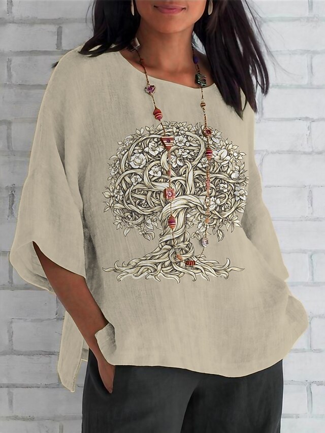 Women's Shirt Tree Daily Casual 3/4 Length Sleeve Crew Neck Regular Tops Daily Holiday Print Khaki Summer Spring Fall4