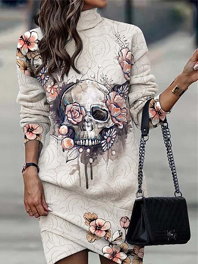  Dámské minišaty na halloween, párty, boho, poloformální, formální, outdoor, domácí, regular střih, květinový vzor, lebka, dlouhý rukáv, rolák, černá, meruňková, jaro, podzim, zima