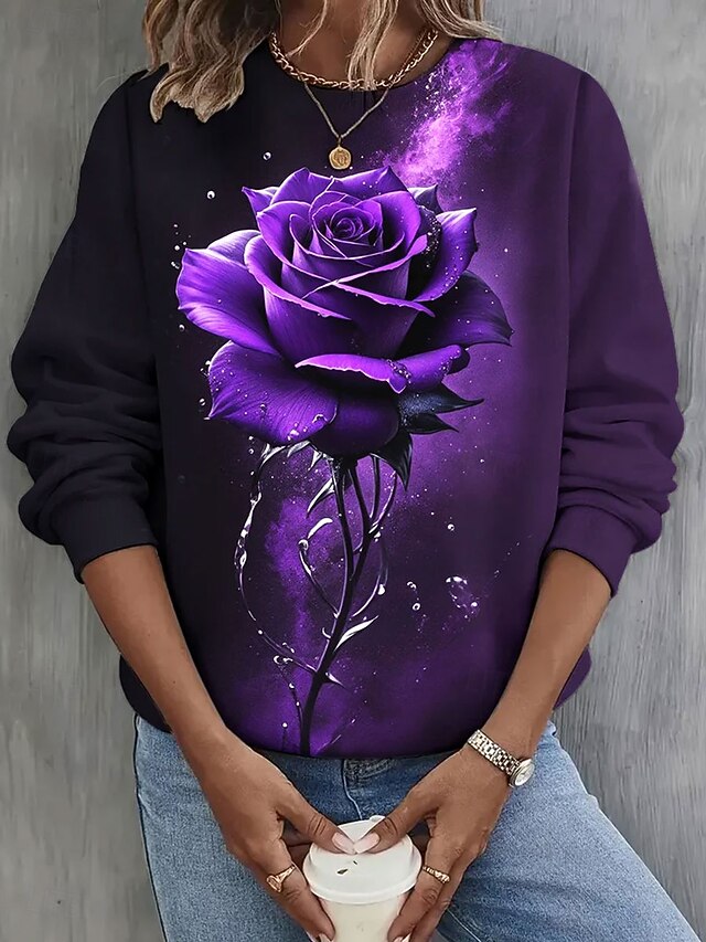Women's Pullover Graphic Rose Casual Long Sleeve Crew Neck Round Neck Regular Tops Street Casual Holiday Print Blue Purple Spring Fall Winter3