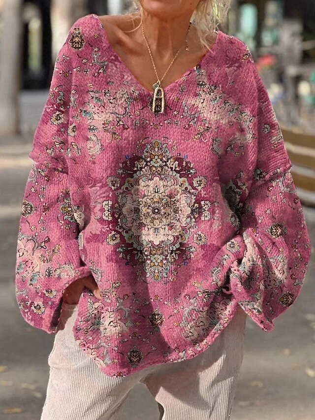 Women's Blouse Floral Vintage Ethnic Long Sleeve V Neck Long Tops Daily Holiday Print Pink Spring Fall Winter4