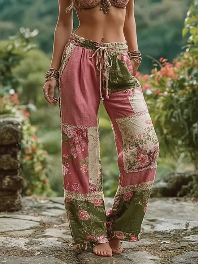  Women's 3D Print Wide Leg Chinos Baggy Pants Vacation Vintage Fashion Full Length High Waist Floral Graphic Drawstring Patchwork Print Soft Breathable Inelastic Vacation Street Light Pink Dark Pink