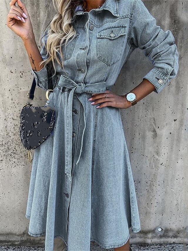 Women's Denim Dress Shirt Dress Midi Dress Date Vacation Denim Basic Modern Shirt Collar Button Pocket Long Sleeve Summer Spring Regular Fit Plain4