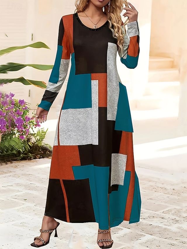  Pentru femei Rochie Maxi Rochie A line Rochie de vară Vacanță Casual Zilnic Fit regulat Grafic Geometric Abstract Manșon Lung Stil Nautic Galben Albastru piscină Primăvară Toamnă Iarnă