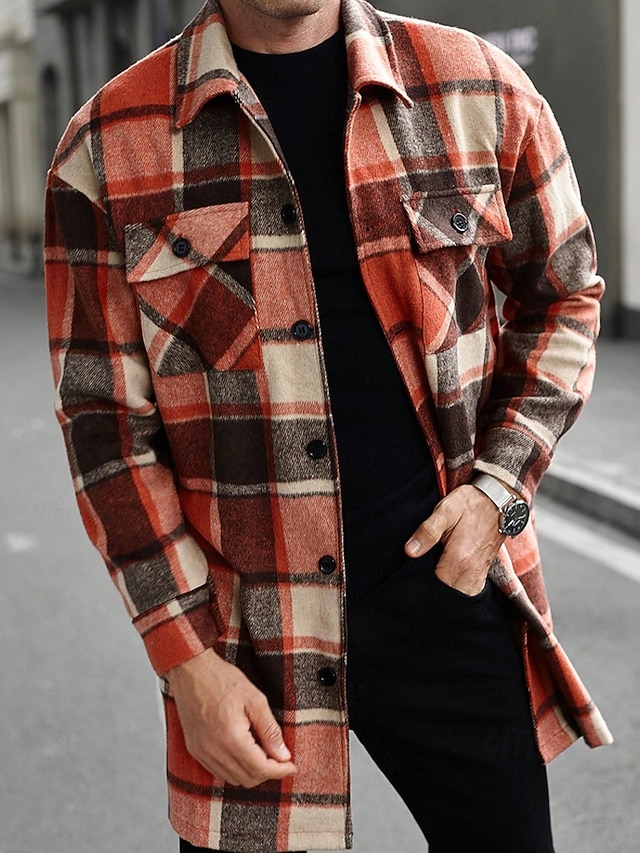  Herren Leichte Jacke Hemdjacke Freizeitjacke Jacke-Shirt Urlaub Täglich Thermowarm Tasche Frühling Herbst Karomuster Mode Klassisch Revers Regulär Schwarz Wein Orange Khaki Armeegrün Jacken