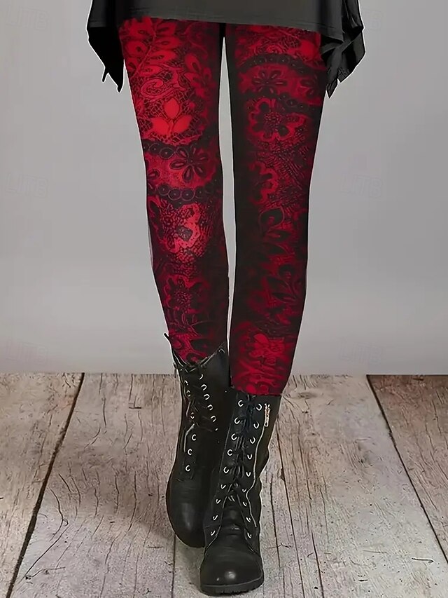 Women's Pants Trousers Leggings Cozy Leggings Streetwear Casual Full Length High Waist Floral Elastic Waist Print Breathability Comfortable Stretchy Vacation Street Daily Wear Red Spring Fall Regular2