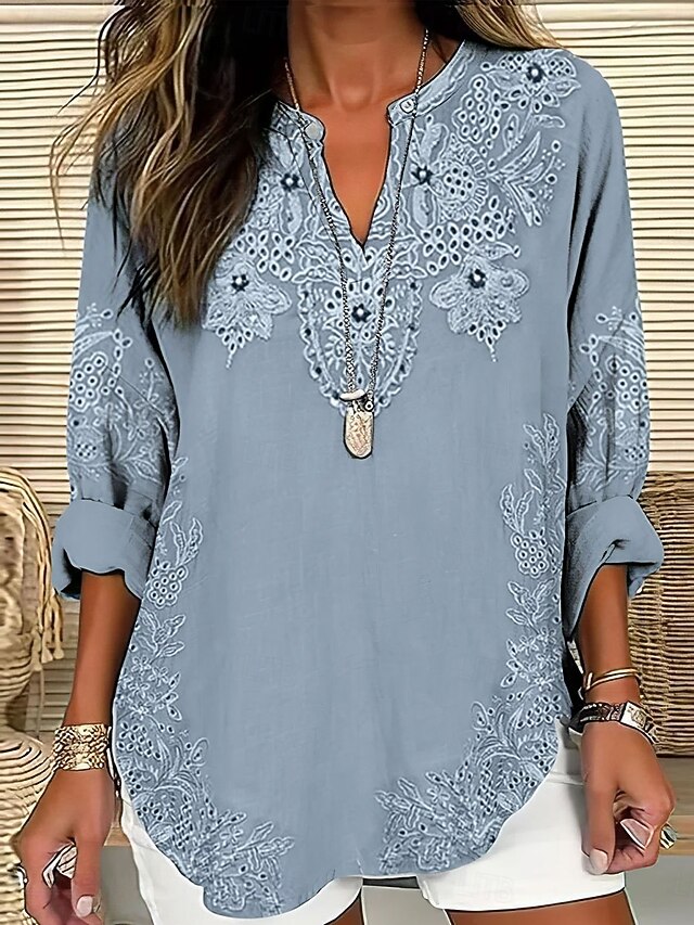 Women's Blouse Floral Graphic Elegant Bohemia Vintage Long Sleeve V Neck Regular Tops Daily Holiday Beach Wear Ruched Embroidered Print Pink Blue Spring Fall3