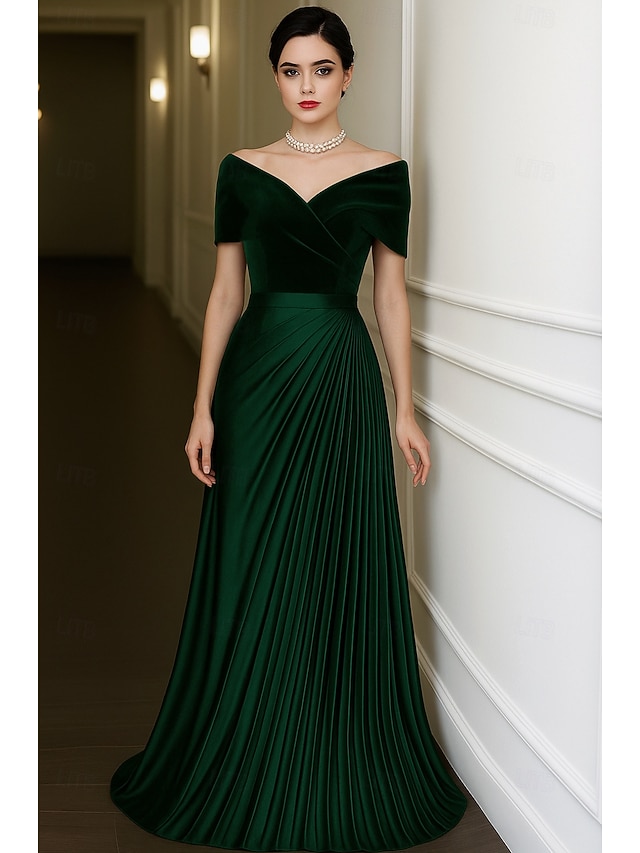 Green Black Velvet A-Line Evening Gown Elegant Dress Formal Wedding Floor Length Short Sleeve Off Shoulder Satin with Pleats 2025