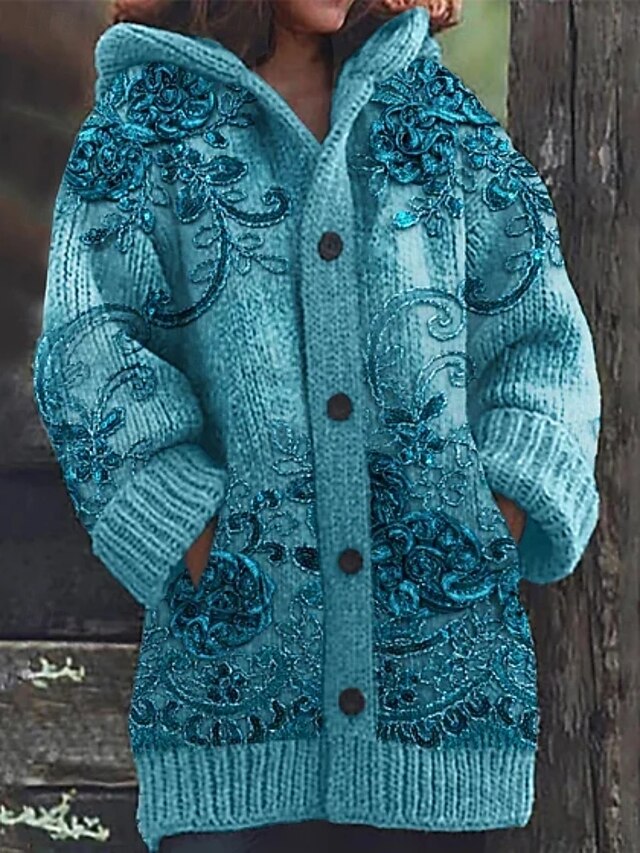 Women's Cardigan Vacation Daily Floral Ribbed Hooded Knitted Print Front Pocket Long Sleeve Regular Tops Knit Outdoor Daily Holiday Blue Purple Fall Winter4