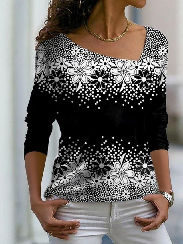 Women's T shirt Long Sleeve Floral Graphic Plants Vintage Stylish Basic Long Sleeve V Neck Off Shoulder Regular Tops Weekend Print Asymmetrical Black Spring, Fall, Winter,  Prefall4