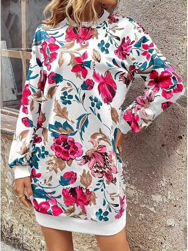  Kvinnors Sweatshirt Klänning Mini Klänning Sweater Klänning Shift Klänning Semester Casual Boho Utomhus Regular Fit Blommig Grafik Lång Ärma Crewneck Röd svart Rosa Grön Grå Höst Vinter