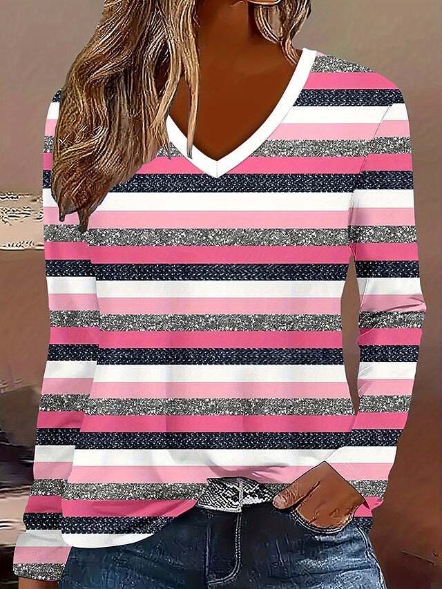 Women's T Shirt Graphic Geometric Color Block Vintage Stylish Classic Long Sleeve V Neck Regular Tops Daily Print Rose Pink Spring Fall Winter4