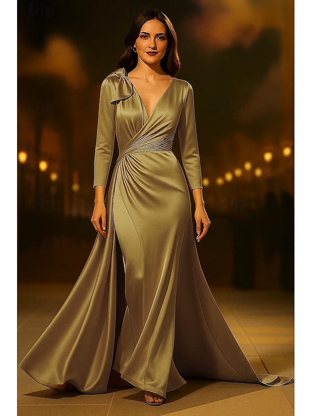  Robe de soirée trapèze dorée élégante, robe de mariée formelle, traîne courte, manches 3/4, col en V, satin avec nœud(s) froncé(s), 2025