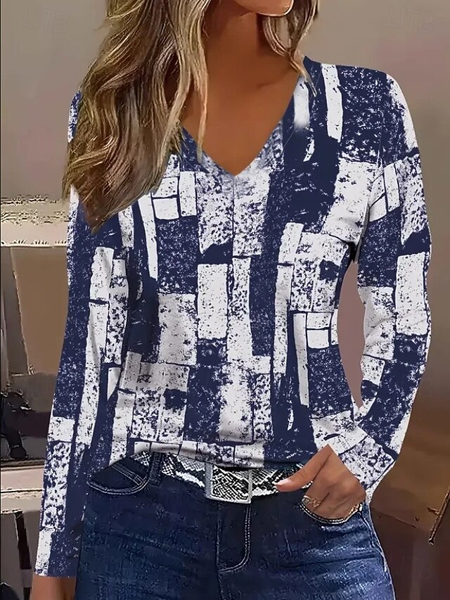 Women's T Shirt V Neck Long Sleeve Tunic Graphic Geometric Vintage Stylish Classic Regular Tops Daily Going out Weekend Print Black Blue Spring Fall4