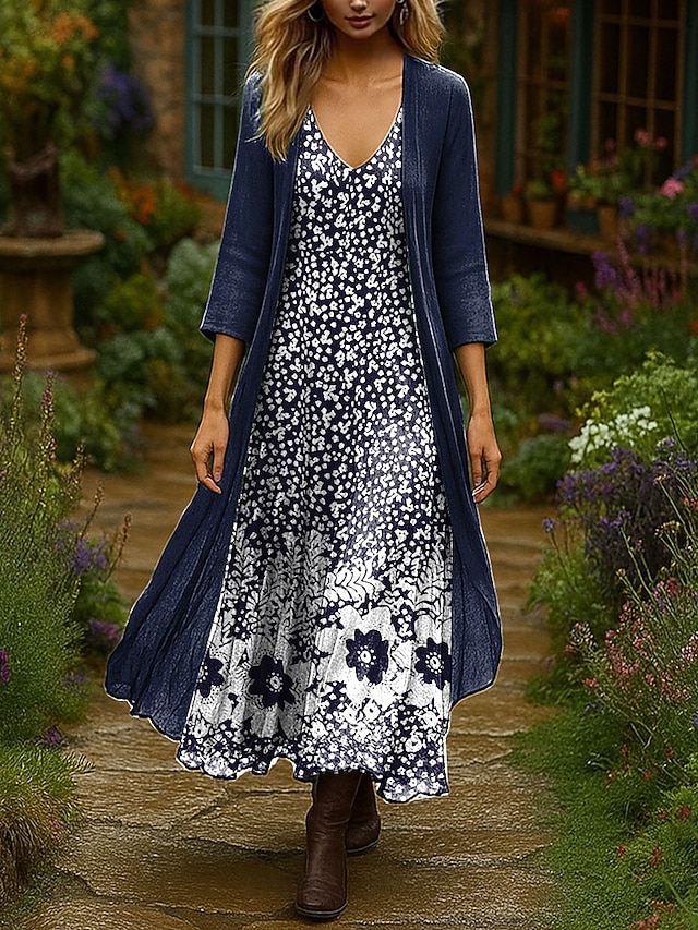 Women's Dress Set Maxi Dress A Line Dress Vacation Boho Floral Graphic Layered Print Maxi Dress 3/4 Length Sleeve V Neck Outdoor Daily Navy Blue Blue Orange Summer Spring Regular Fit4