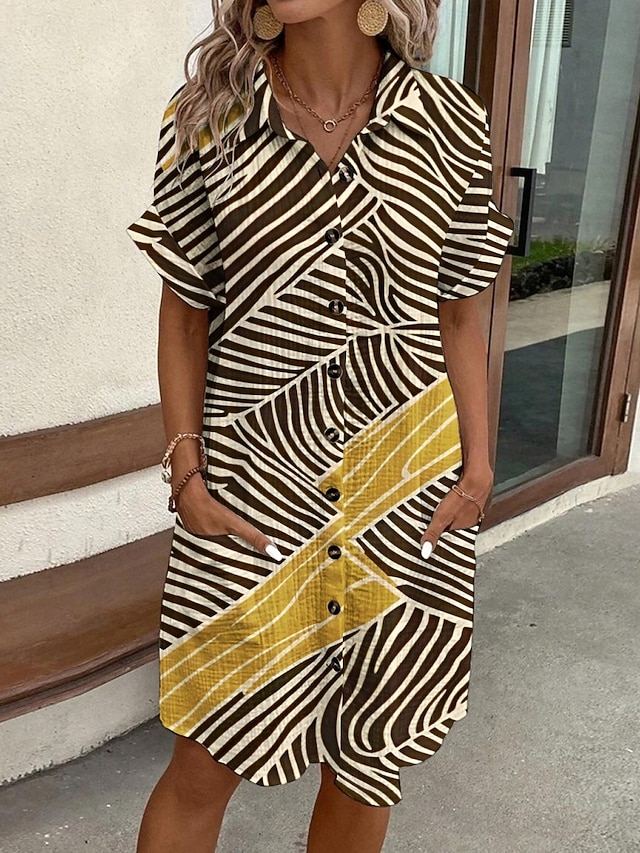  Dames Mini-jurk Shirtjurk Casual jurk Jurk met print Modieus Modern Dagelijks Strand Weekend Normale pasvorm Gestreept Korte mouw Overhemdkraag Khaki Zomer Lente Herfst