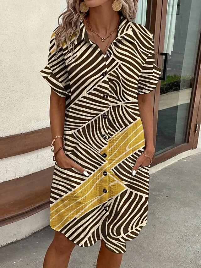 Women's Mini Dress Shirt Dress Casual Dress Print Dress Fashion Modern Daily Beach Weekend Regular Fit Striped Short Sleeve Shirt Collar Khaki Summer Spring Fall Autumn4
