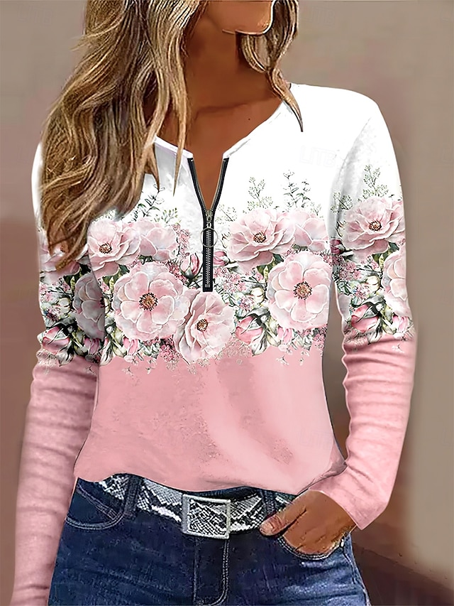  Femmes T-shirt A Ombre Fleuri Graphique Élégant ancien Classique manche longue Col rond Encolure en V Hauts Réguliers Quotidien Week-end Fermeture éclair Imprimé Rose Claire Bleu Ciel Violet