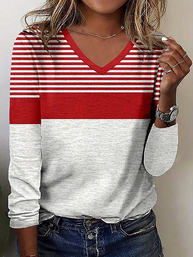 Women's T Shirt Graphic Geometric Color Block Vintage Stylish Classic Long Sleeve V Neck Regular Tops Daily Print Red Summer Spring Fall4