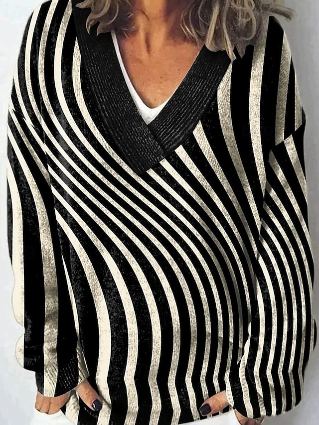  Damen Pullover Mode Farbblock Gerippt V Ausschnitt Gestrickt Langarm Normale Oberteile Stricken Ferien Ausgehen Wochenende Schwarz Winter