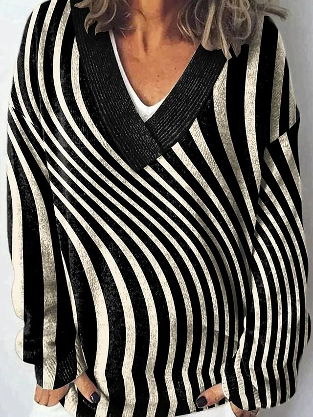 Women's Sweater Fashion Color Block Ribbed V Neck Knitted Long Sleeve Regular Tops Knit Holiday Going out Weekend Black Winter4