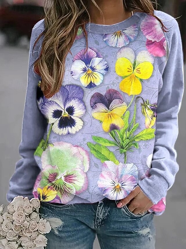 Women's Sweatshirts Floral Graphic Warm Romantic Classic Long Sleeve Crew Neck Round Neck Regular Tops Home Street Dailywear Print Purple Spring Fall Winter4