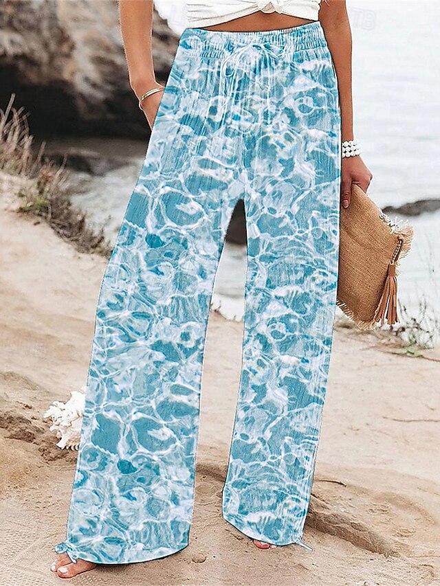 Women's Wide Leg Pants Trousers Palazzo Pants Fashion Boho Full Length High Waist Patterned Drawstring Elastic Waist Print Breathability Comfortable Street Daily Wear Going out Blue Spring Fall4