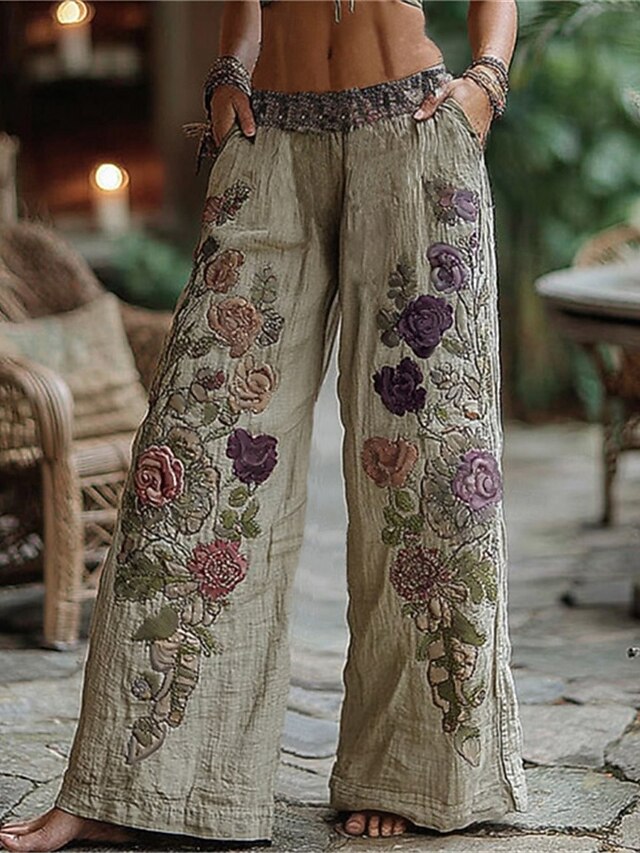 Women's Wide Leg Pants Trousers Palazzo Pants Vintage Boho Full Length High Waist Flower Elastic Waist Printing Breathability Comfortable Street Daily Wear Going out White Spring Fall Regular Fit4