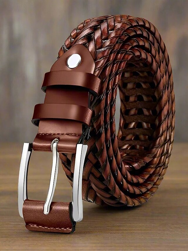  Men's Genuine Leather Braided Belt – Classic Woven Design with Polished Buckle, Durable and Adjustable Waist Accessory for Casual, Business and Golf Outfits