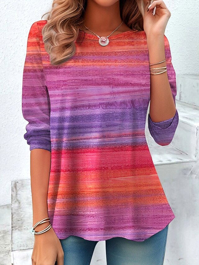 Women's T Shirt Graphic Striped Vintage Stylish Classic Long Sleeve Crew Neck Regular Tops Daily Print Yellow Pink Blue Spring Fall Winter4