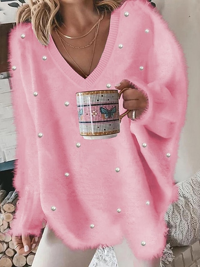  damegenser pullover-genser lodden koselig t-skjorte ensfarget ribbestrikket avslappet langermet v-hals topper daglig ute helg blonder rosa overdimensjonert høst vinter