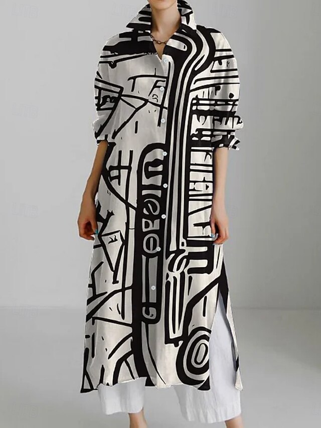 Women's Midi Dress Shirt Dress Casual Dress Fashion Modern Daily Holiday Weekend Regular Fit Geometric Color Block 3/4 Length Sleeve Shirt Collar Apricot Summer Spring Fall4