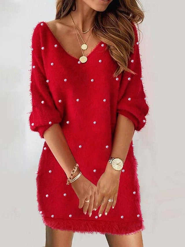  Pentru femei Rochie Mini Rochie casual Modă Clasic Modern În aer liber Vacanță Concediu Fit regulat Simplu Manșon Lung În V Roșu-aprins Vară