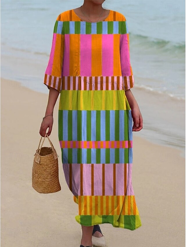 Women's Maxi Dress Kaftan 3/4 Length Sleeve Crew Neck Casual Shift Dress A Line Dress Dress Boho Daily Holiday Going out Geometric Pink Green Spring Fall3