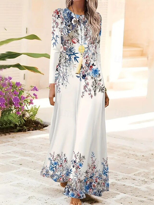 Women's Maxi Dress Sheath Dress A Line Dress Casual Boho Wedding Guest Daily Graduation Regular Fit Floral Graphic Long Sleeve Crew Neck White Spring Fall Winter Autumn4