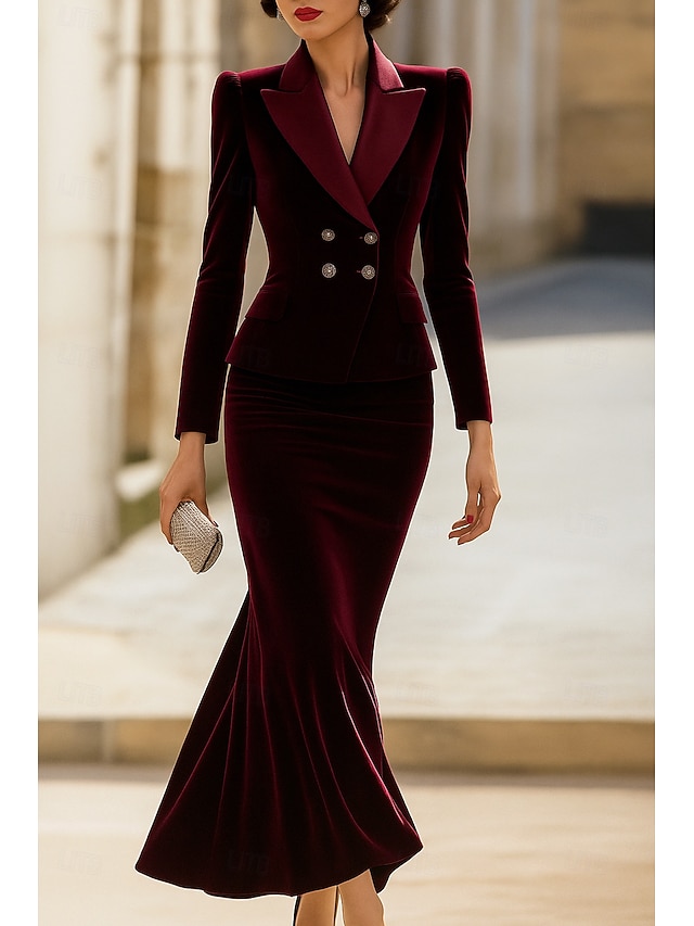  abito da sirena in velluto bordeaux nero in due pezzi, abito per la madre della sposa, elegante, semplice, con revers, lunghezza alla caviglia, manica lunga, tinta unita 2025