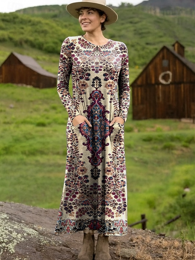  Damen Maxikleid Etui-Kleid T-Shirt-Kleid Urlaub Lässig Boho Ferien Date Normale Passform Grafik Geometrisch Stammes Langarm Rundhalsausschnitt Schwarz Gelb Rote Leicht Braun Frühling Herbst