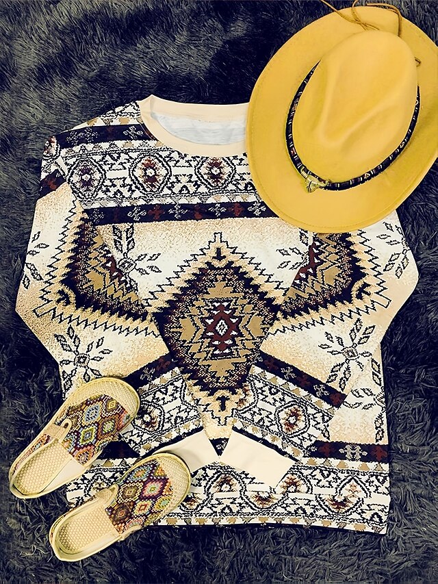 Women's Pullover Sweatshirt Graphic Geometric Tribal Warm Active Vintage Long Sleeve Crew Neck Regular Tops Street Dailywear Casual Patchwork Print Brown Spring Fall Winter4