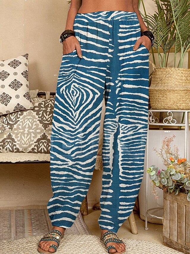 Women's Chinos Pants Trousers Active Fashion Long High Waist Geometry Pocket Elastic Waist Printing Breathability Soft Micro-elastic Vacation Street Daily Wear Blue Spring Fall Regular Fit4