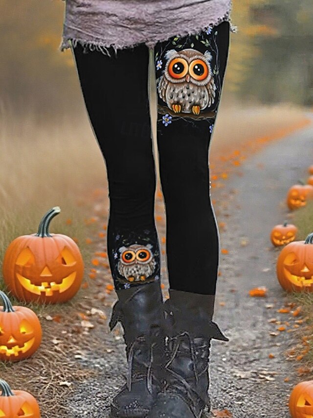 Women's Pants Trousers Leggings Cozy Leggings Streetwear Casual Full Length High WaistPantsHalloween Animal Owl Elastic Waist Print Breathability Comfortable Stretchy Vacation Street Daily Wear Black4
