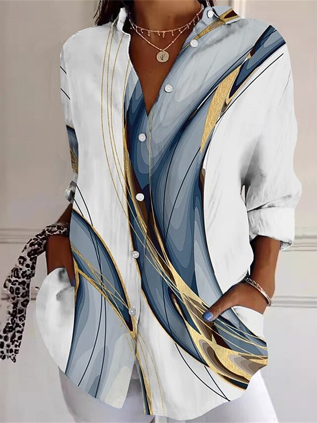 Women's Shirt Abstract Active Daily Stylish Long Sleeve Shirt Collar Regular Tops Daily Holiday Buttons Print Blue Spring Fall4