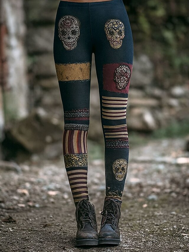 Women's Leggings Vacation Vintage Fashion Ankle-Length High WaistPantsHalloween Graphic Skull Halloween Printing Soft Breathable Stretchy Formal Vacation Street Navy Blue Spring Fall Winter Slim Fit3