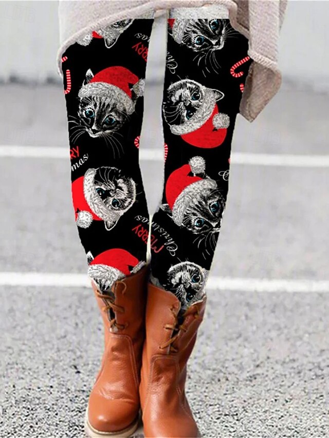 Women's Pants Trousers Leggings Cozy Leggings Streetwear Casual Full Length High WaistPantsChristmas Cat Elastic Waist Print Breathability Comfortable Stretchy Vacation Street Daily Wear Black Summer4