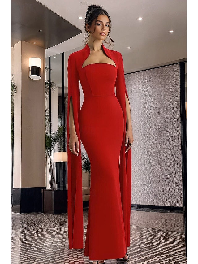  abito da sera a sirena/tromba con mantello rosso, elegante, formale, da sposa, lungo fino al pavimento, manica lunga, collo alto, in crêpe elasticizzato con spacco 2025