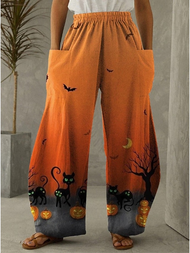  Damen Hose aus Baumwollleinen Urlaub Vintage Ethno-Stil Volle Länge Mittlere TaillePantsHalloween Katze Kürbis Halloween Drucken Bequem Unelastisch Urlaub Straße Lässig Asche Schwarz Fuchsie Orange