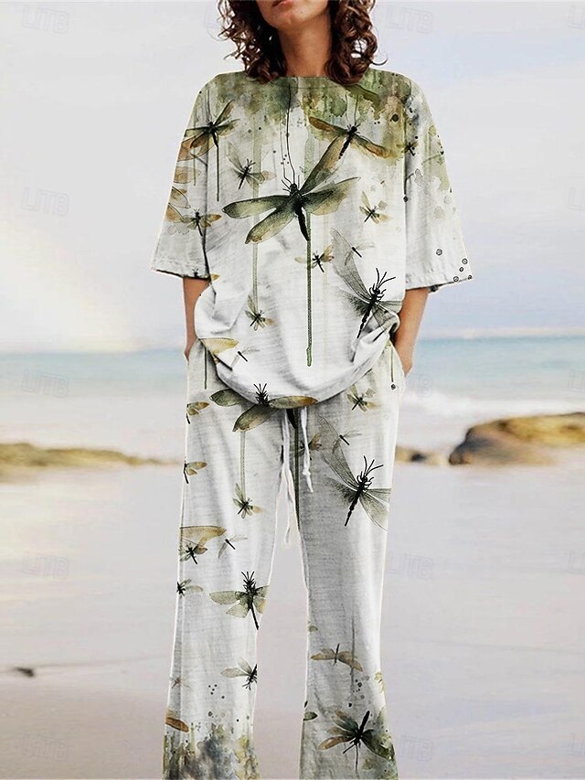 Women's Active Fashion Pants Sets 3/4 Length Sleeve Crew Neck Animal Print Vacation Daily Holiday Dark Green Green Gray Summer Regular Fit4