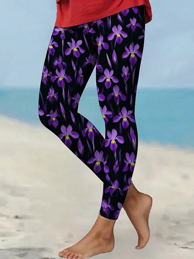 Women's Pants Trousers Leggings Streetwear Casual Full Length High Waist Floral Elastic Waist Print Breathability Comfortable Stretchy Vacation Street Daily Wear Purple Summer Spring Fall Regular Fit4