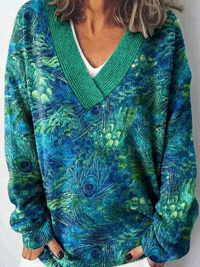 Women's Sweater Fashion Color Block Ribbed V Neck Knitted Long Sleeve Regular Tops Knit Holiday Going out Weekend Green Winter4