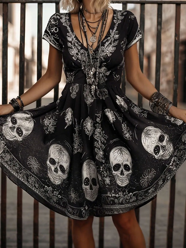  Halloween Damskie Sukienka mini Codzienne sukienki Sukienka t-shirtowa Sukienka letnia Sukienka A line Urlop Codzienny Boho Plaża Regularny Graficzny Czaszka Krótki rękaw W serek Biały Rumiany r